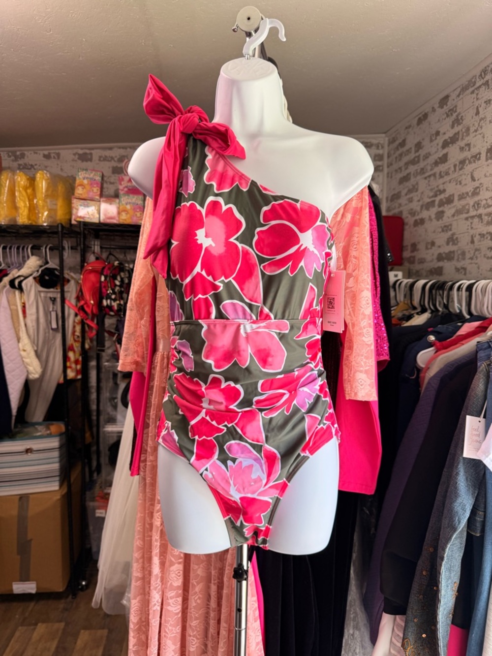 Grace Karin One-Shoulder Floral One-Piece Swimsuit in Pink and Green - Picture 4 of 4